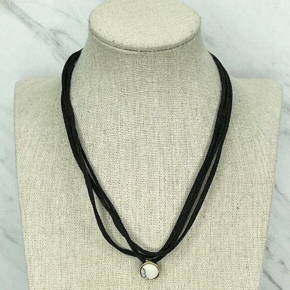 Black Multi Strand Cord Gold Tone Cabochon Necklace - Picture 1 of 4